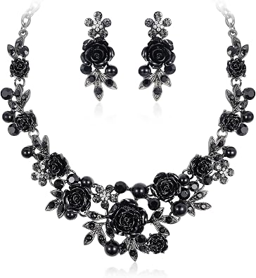 Austrian Crystal Simulated Pearl Rose Flower Leaf Necklace Earrings Set