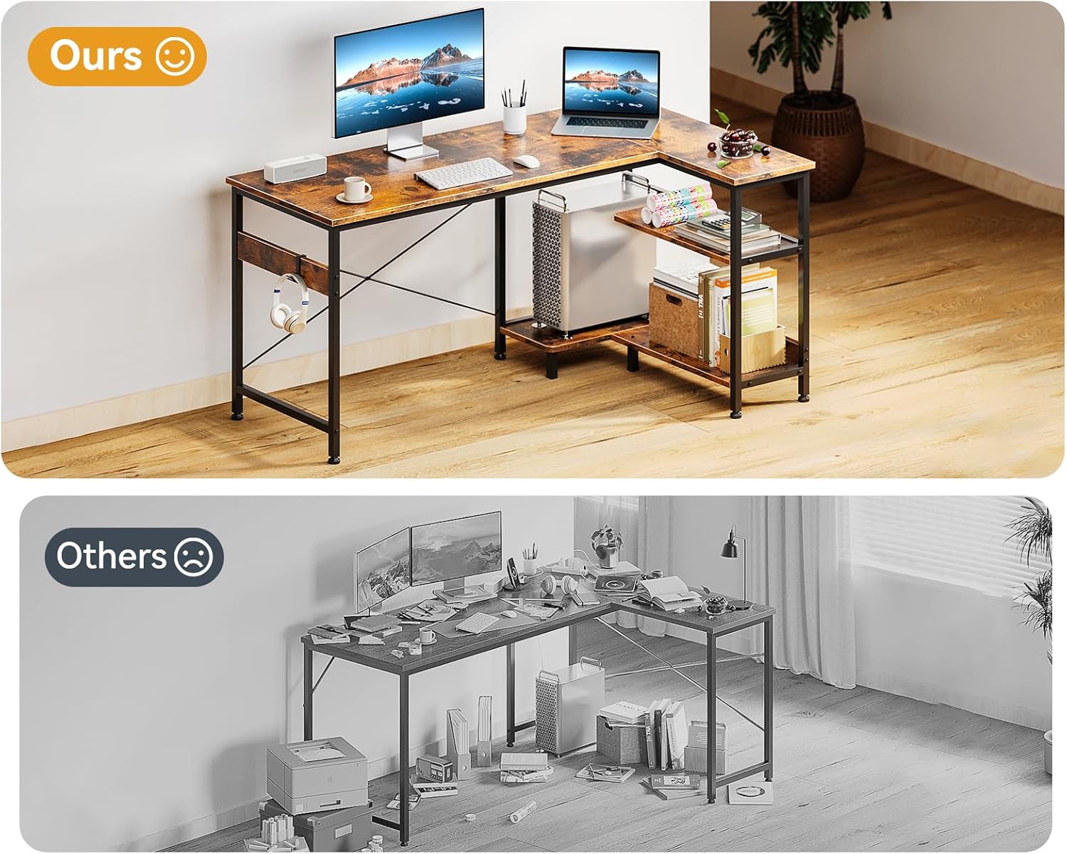 Comparison of ODK desk with organized workspace versus a cluttered desk