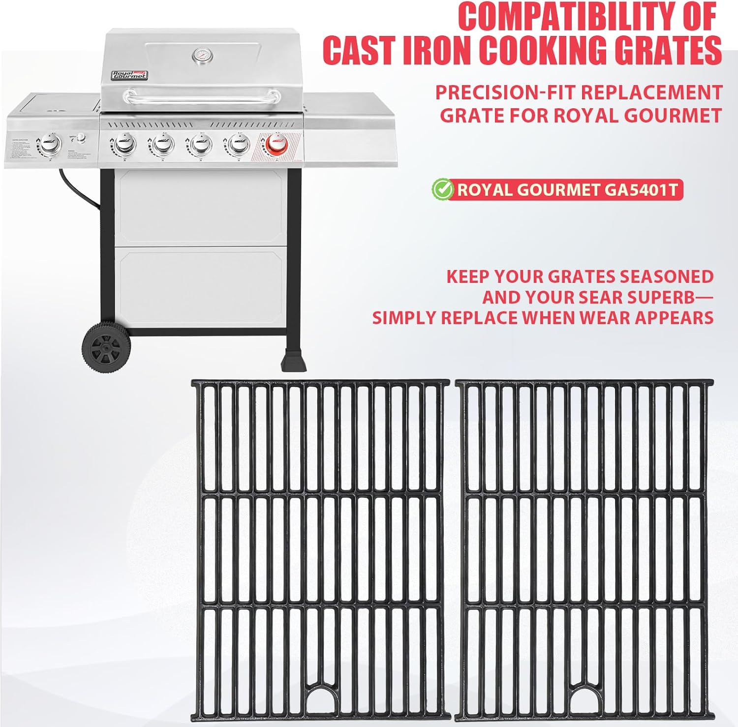 DcYourHome Grill Grates for Royal Gourmet GA5401T Grill Parts, Cast Iron Cooking Grates for Royal Gourmet GA5401T 5-Burner Gas Grill Replacement Grates, 17.2" X 13.43", 2-Pack