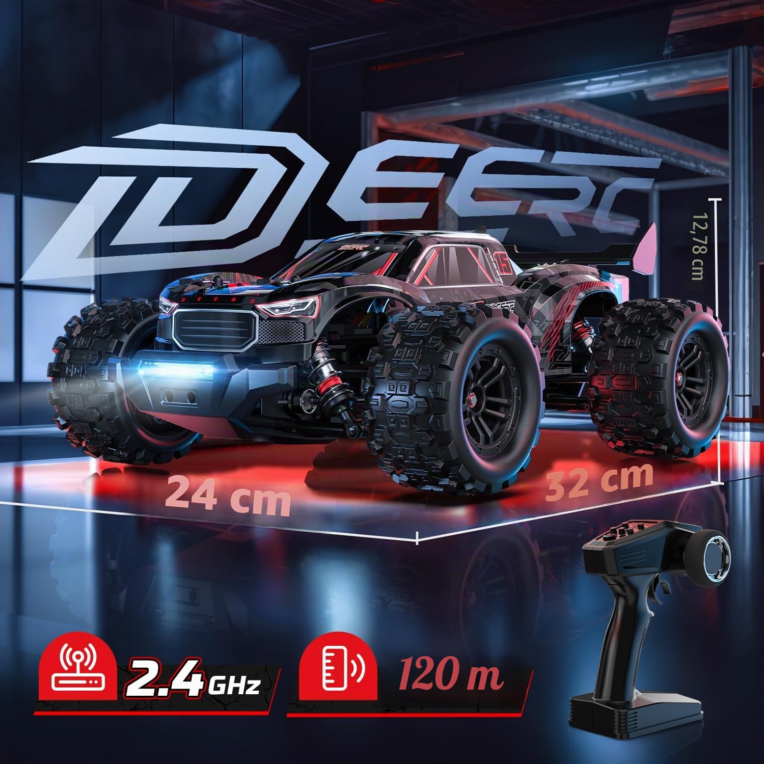 DEERC Auto radiocomandata senza spazzole 1:14 per adulti, 46 mph off-road, 2 x 3S Lipo, 4WD impermeabile, 7 modalità di luce, auto radiocomandata ad alta velocità, fuoristrada per neve, sabbia e fango
