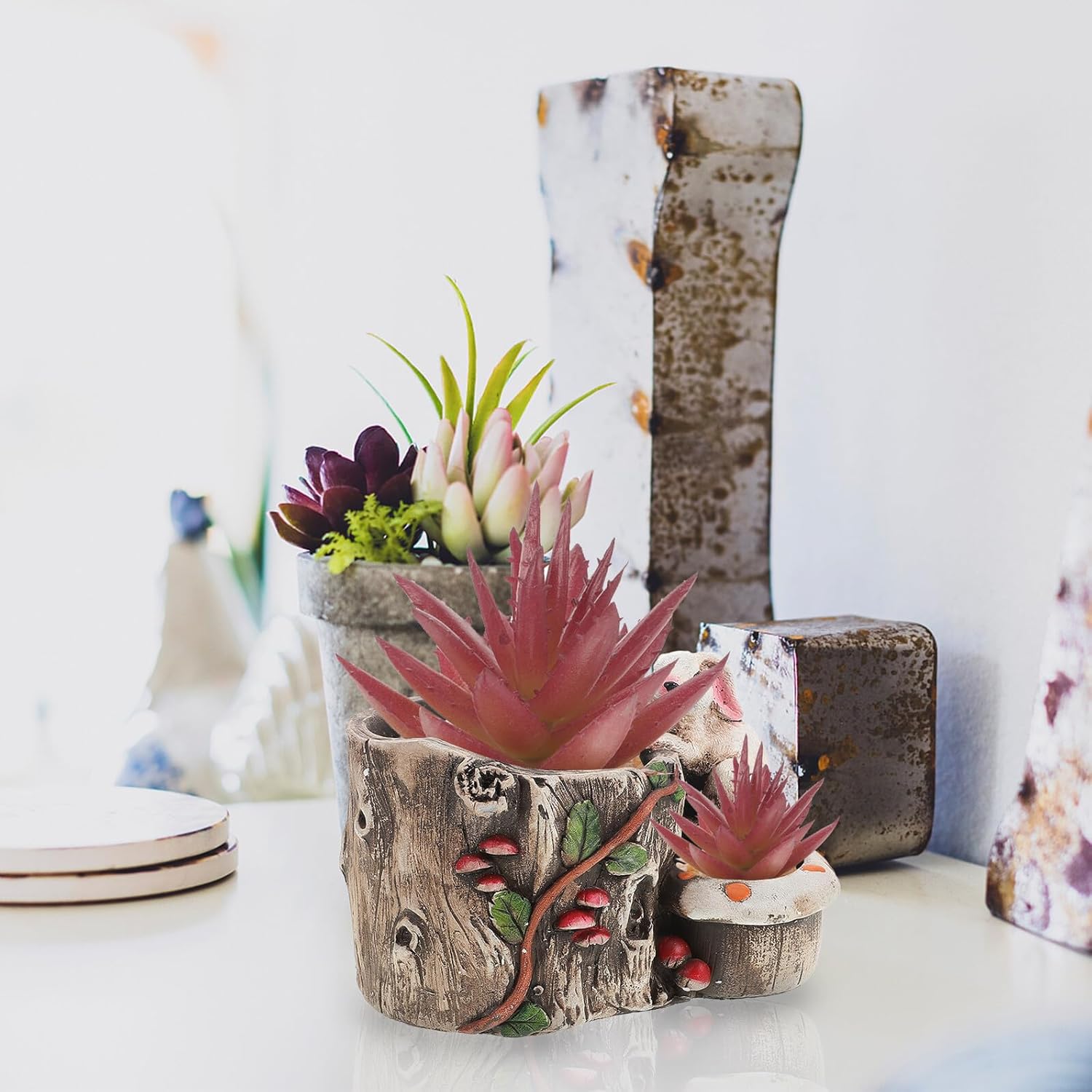 Uonlytech Vintage Cement Succulent Planter Pot Double Opening Decorative Flowerpot for Indoor Outdoor Small Plants, Rustic Cartoon Rabbit Design Patio Garden Pot