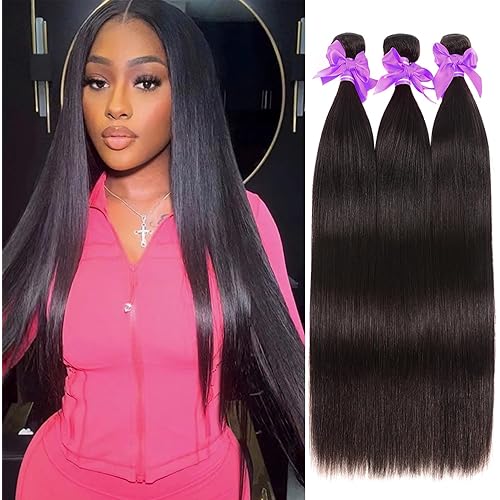 Straight Bundles Human Hair 10A 22 24 26 Inch Brazilian Human Hair 3 Bundles 100% Unprocessed Virgin Human Hair Weave for Black Women Human Hair Extensions Natural Black Color