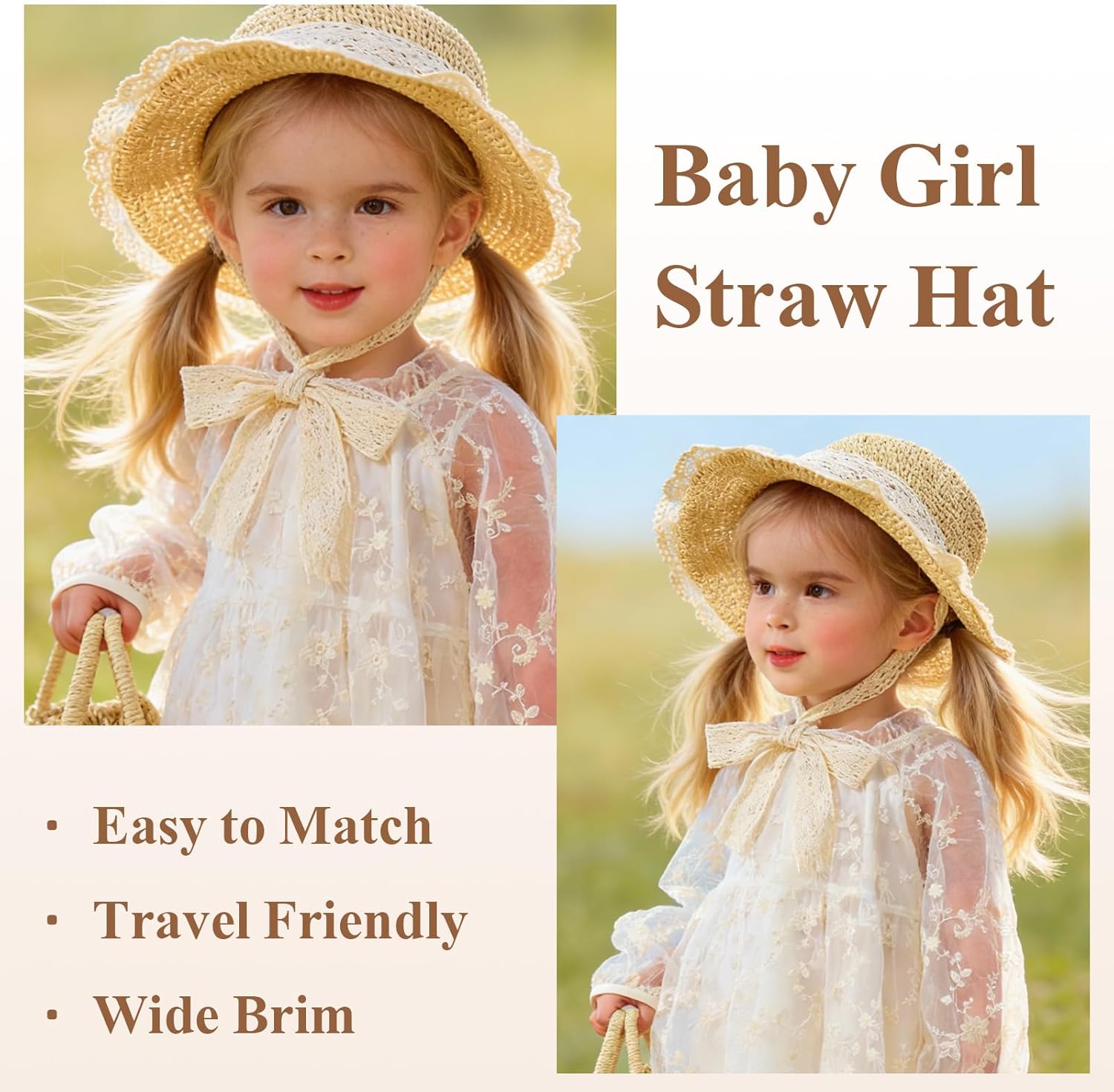Baby Girl Straw Hat Toddler Summer Beach Hat with Lace Bow Infant Girls Sun Hats - Image 5