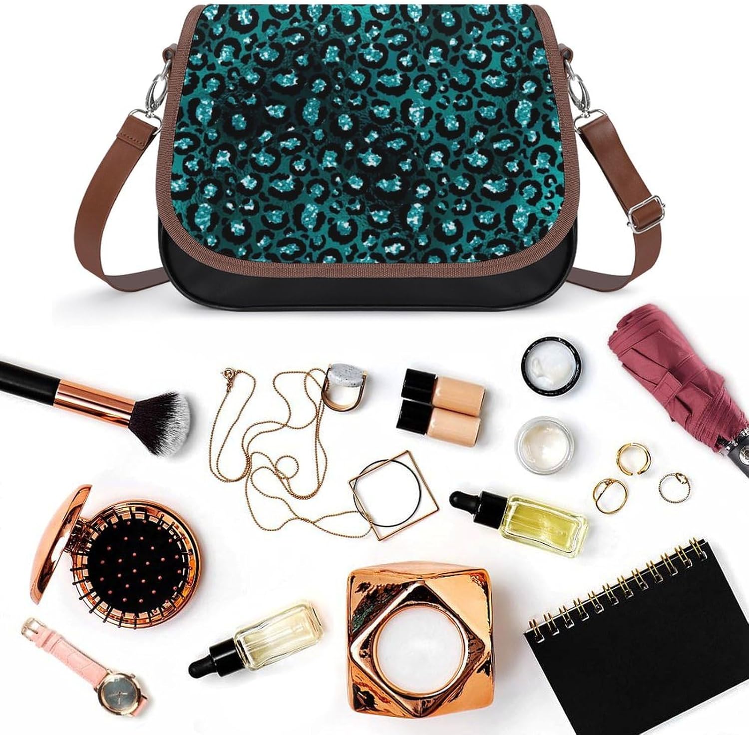 Teal Ombre Black Glam Glitter Leopard SpotsWomen's Faux Leather Crossbody Bag, Waterproof Wrinkle-Resistant Shoulder Bag with Detachable Strap, Large Capacity Casual Handbag, Fashion Daily Purse for