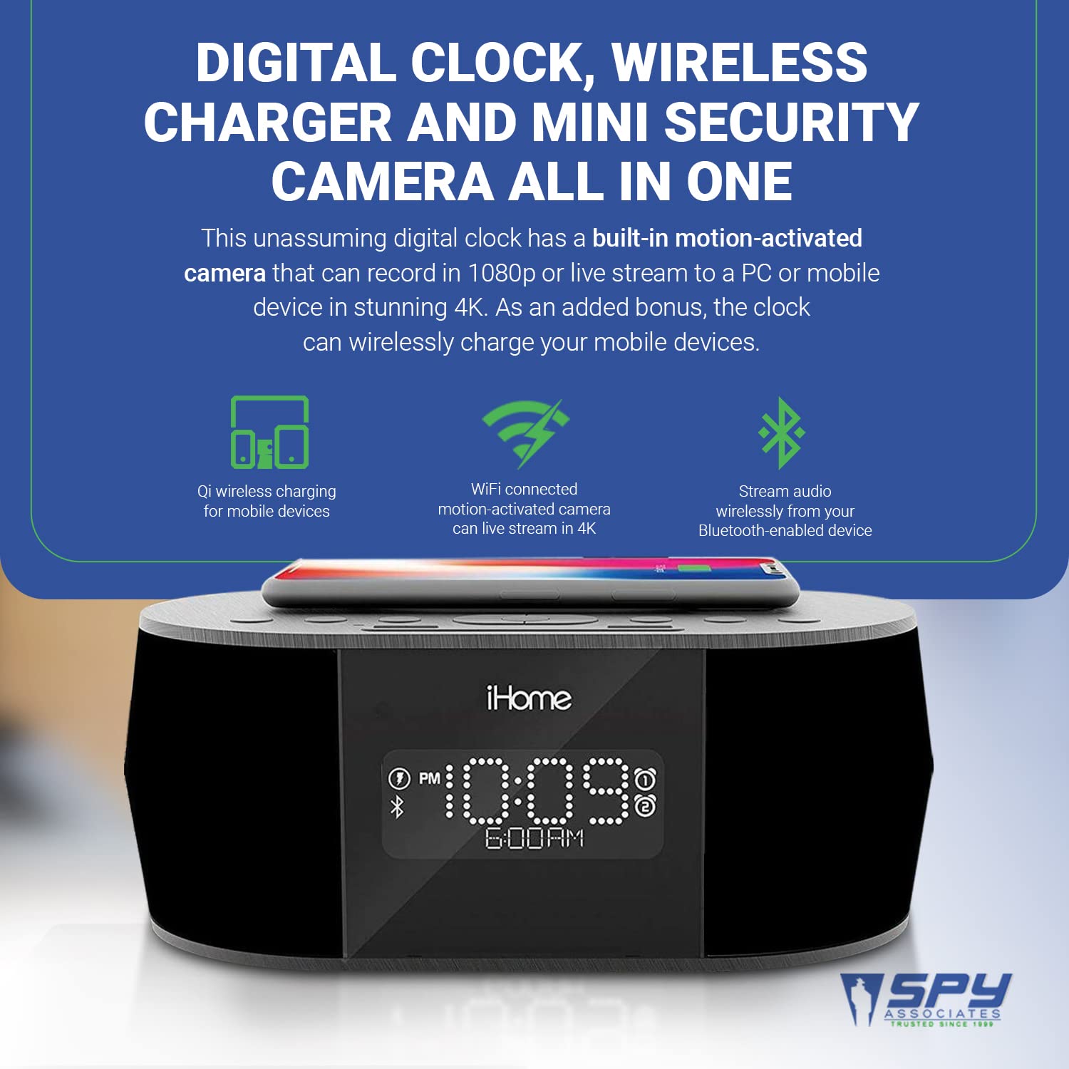Digital Clock Qi Wireless Charging Video - Indoor Secret Camera, Mini Spy Cameras for Home SecurityCamera, Nanny Cam - Covert Hidden Camera - Monitor Everything with our Secret Indoor Security Camera