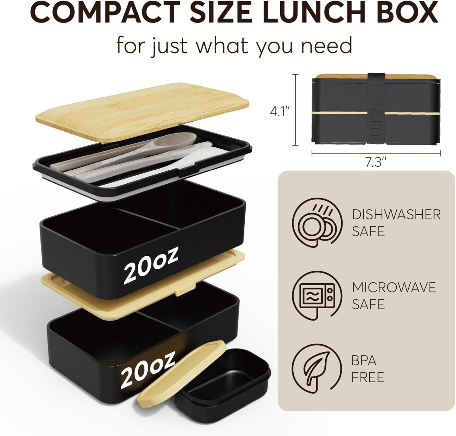 Umami Bento Box Adult All-In-1 w/4 Utensils, Big Sauce Jar, 2 Dividers, 100% Leakproof, Microwave & Dishwasher Safe Stackable Bento Lunch Box Containers for Men/Women, Black & Bamboo, 40 oz - Image 5