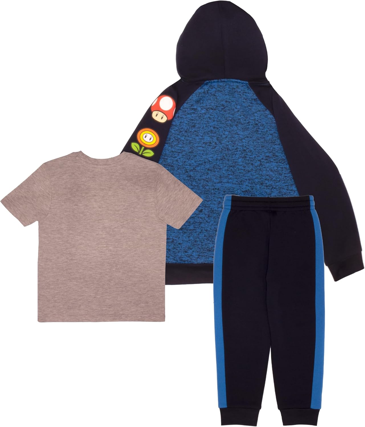 Nintendo Super Mario Video Game 3-Piece Set Boys Short Sleeve T-Shirt, Zip Up Hoodie, Jogger Pants 3-Pack Bundle Set (Size 14/16, Grey)