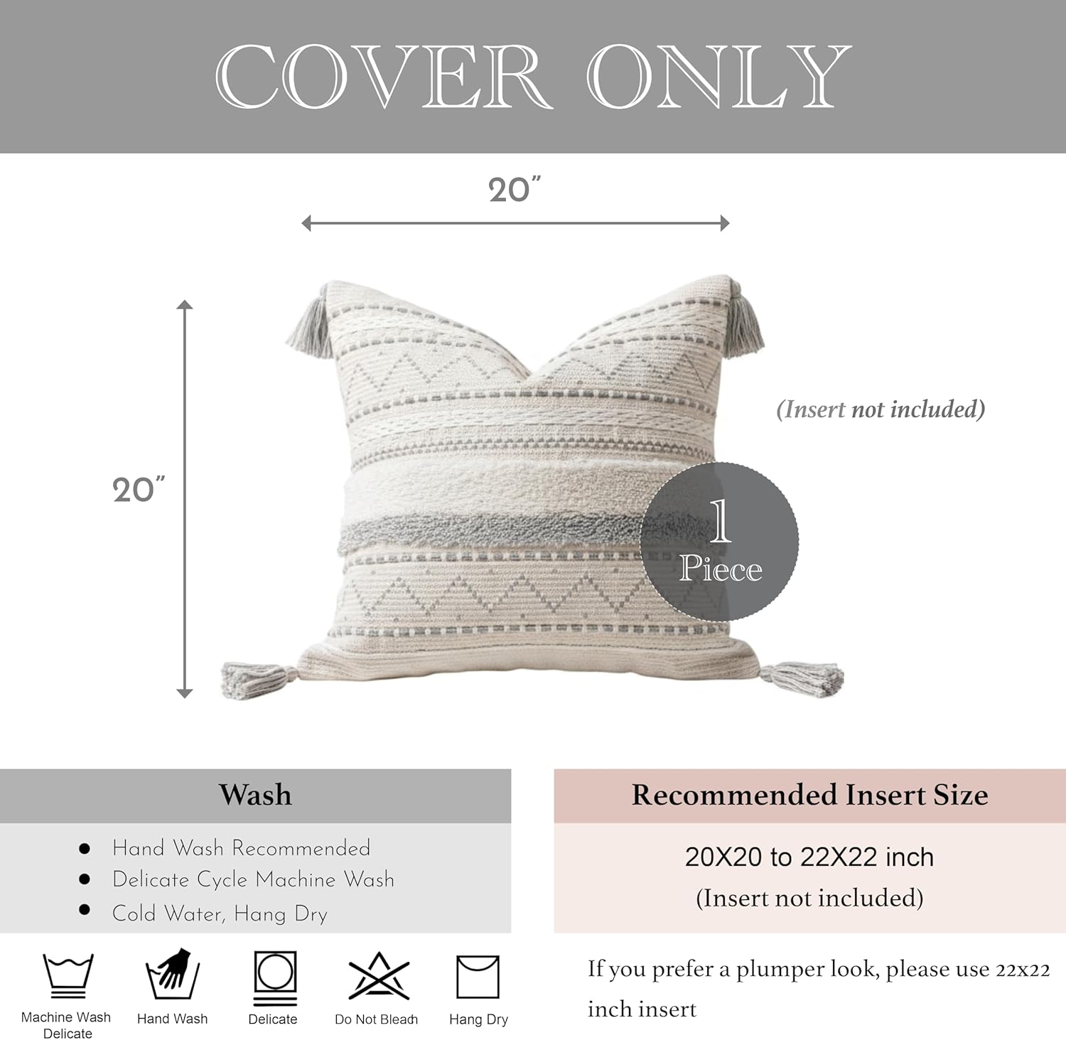 BlissBlush 20X20 Throw Pillow Cover, Cream Neutral Square Decorative Cushion Cover with Gray Pattern, Boho Accent Pillowcase with Tufted Details and Tassels for Couch Sofa Living Room (Cover Only) - Image 5