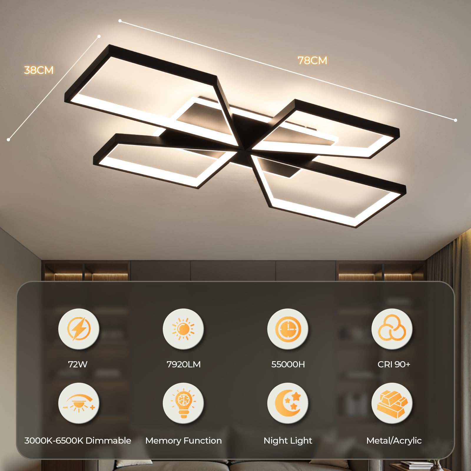OTREN LED Deckenleuchte Wohnzimmer mit Fernbedienung und APP, 78CM 72W | Geometrische Deckenlampe Dimmbar mit Fernbedienung 3000K–6500K, Moderne Wohnzimmerlampe für Esszimmer & Schlafzimmer