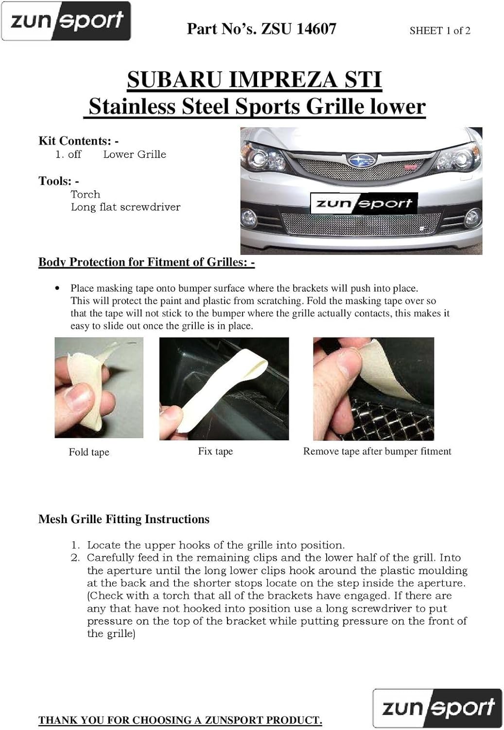 Zunsport Compatible With Subaru Impreza STi 2008 MY- Lower Grill - Black finish (2008 to 2010)