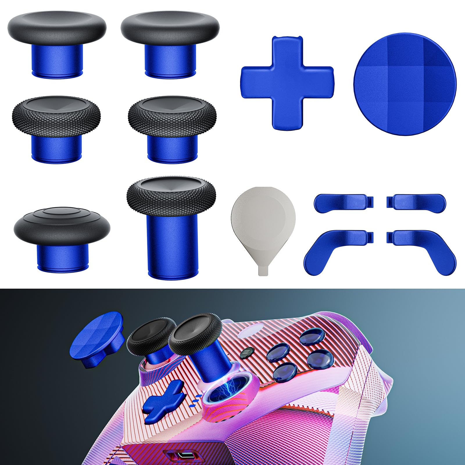 14-in-1 Controller Accessories Kit Compatible with Xbox Elite Series 2, 6 Premium Metal Thumbsticks, Swap Joysticks, 4 Interchangeable Paddles, 2 D-Pads, 1 Tool &amp; 1 Storage Bag (Blue)
