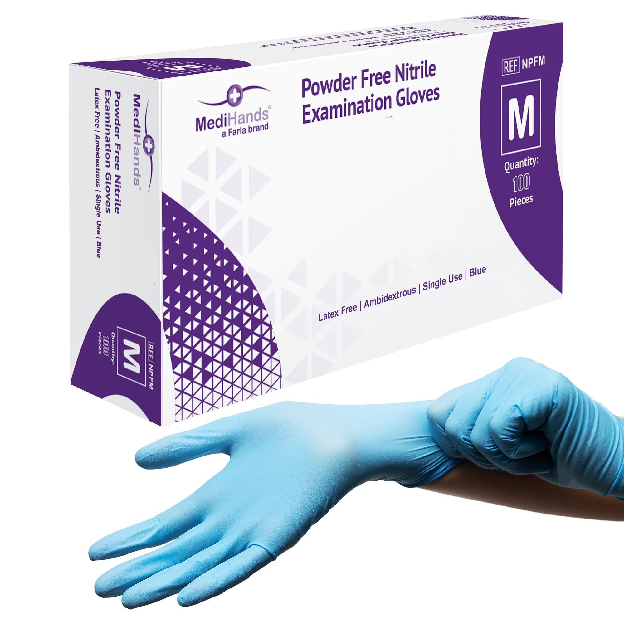 MediHands Nitrile Gloves Medium, Blue Heavy Duty Disposable Glove and Surgical Gloves, Powder Free and Latex Free, Medical, Food, Multi Use, Pack of 100