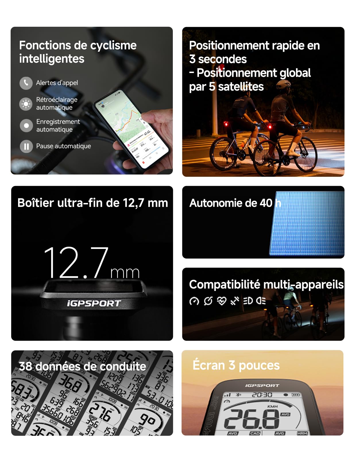iGPSPORT BSC100MAX Compteur Velo sans Fil, Écran 3" Grand Démarrage/Arrêt Automatique 40H d'Autonomie Données Personnalisables IPX7 Étanche Compteur Velo GPS