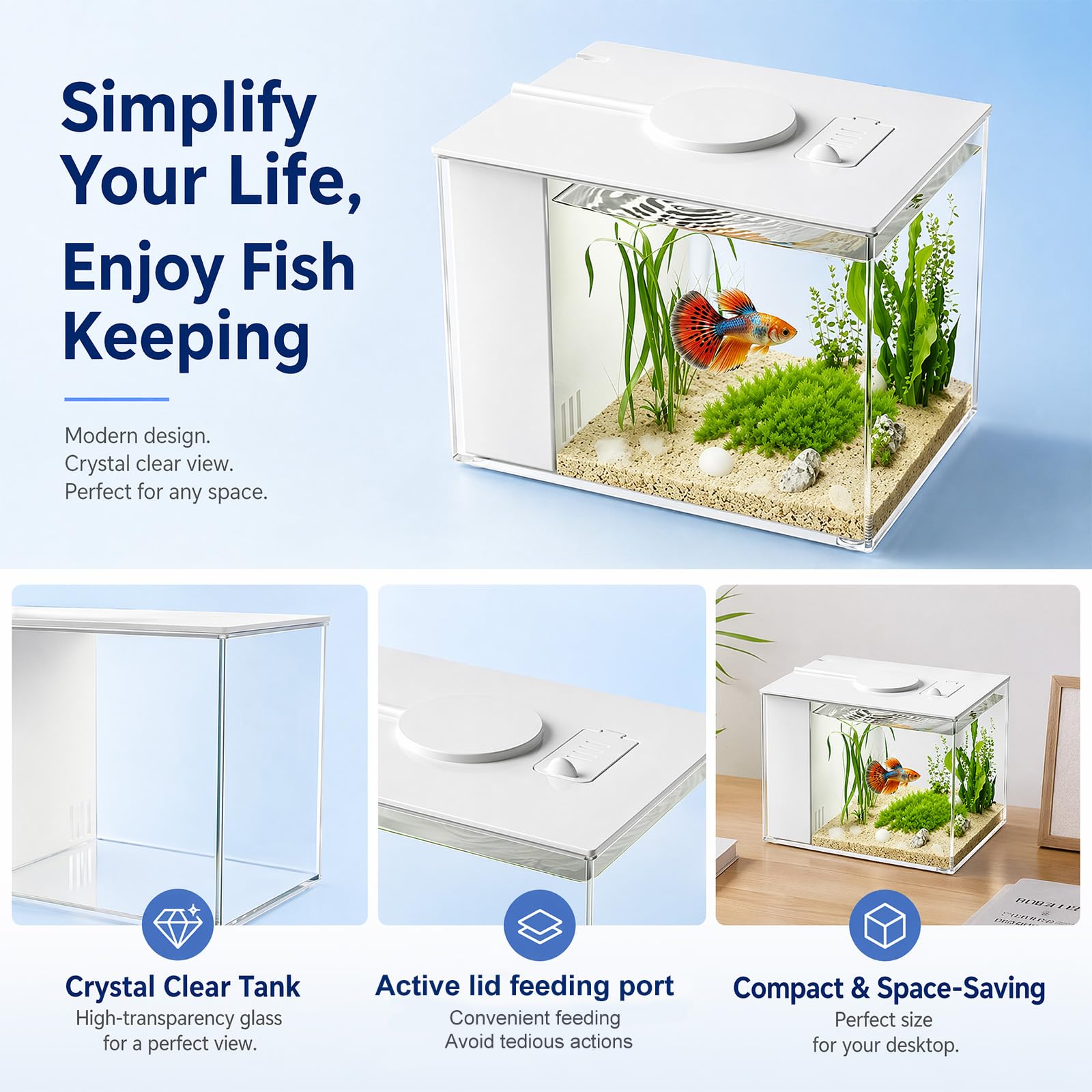 Set completo per acquario da 4,3 l, in acrilico, con pompa filtro, illuminazione a LED, 20 x 15 x 15 cm, fai da te per piccoli pesci da combattimento (bianco)