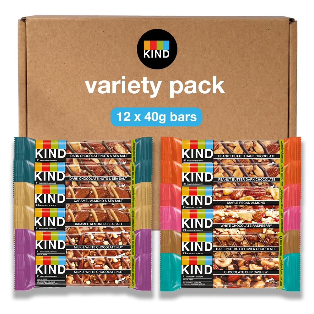 KIND Core Variety Pack, Gluten Free, High Fibre, No Artificial Flavours, Colours or Preservatives, 12 x 40g bars