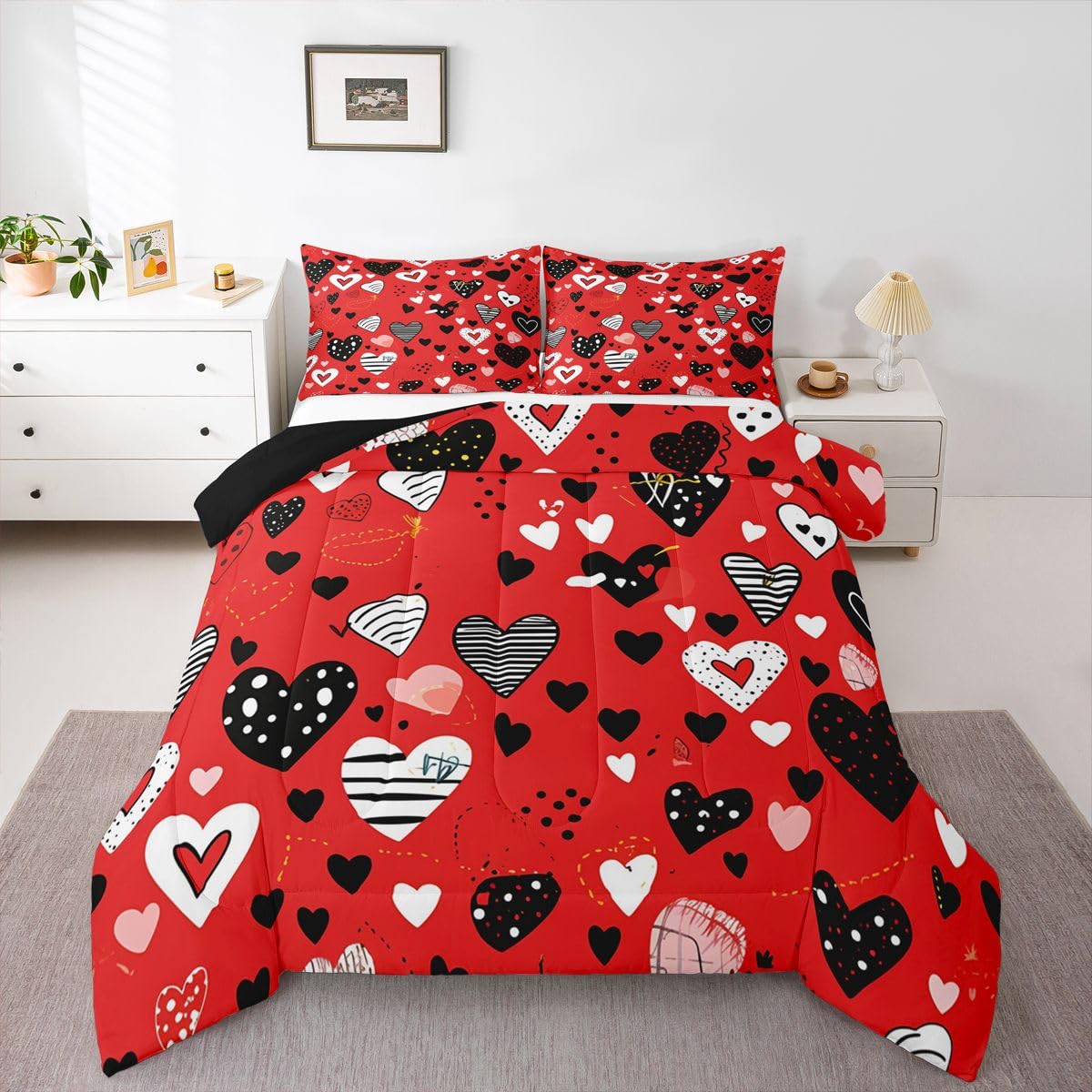 Erosebridal Love Heart Queen Comforter Set Red Heart Shaped Bedding Set for Kids Teens Romantic Valentine Theme Comforter Geometric Stripes Duvet Insert
