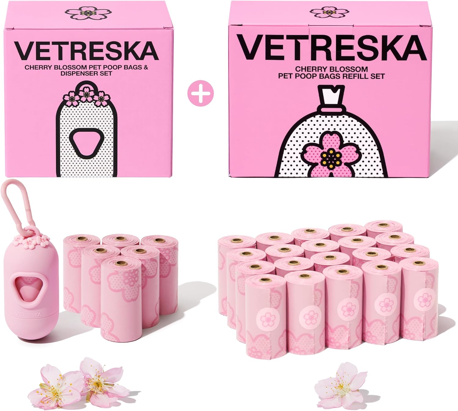 VETRESKA Dog Poop Bag Dispenser with Cherry Blossom Scented Bags, Leak Proof, Extra Thick Waste 1 Count Holder and 405 Bags for Walking Cats Litter, Pink