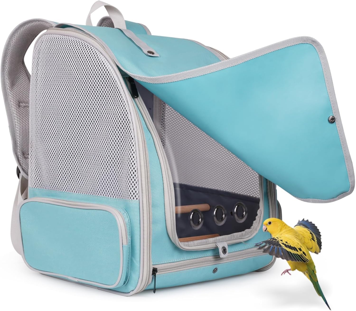 Bird Backpack Carrier Cage with Front Zipper Opening, Standing Perches and Metal Tray, Portable Travel Bag for Parakeet, Budgie, Conure, Cockatiel, Parrot (Green)