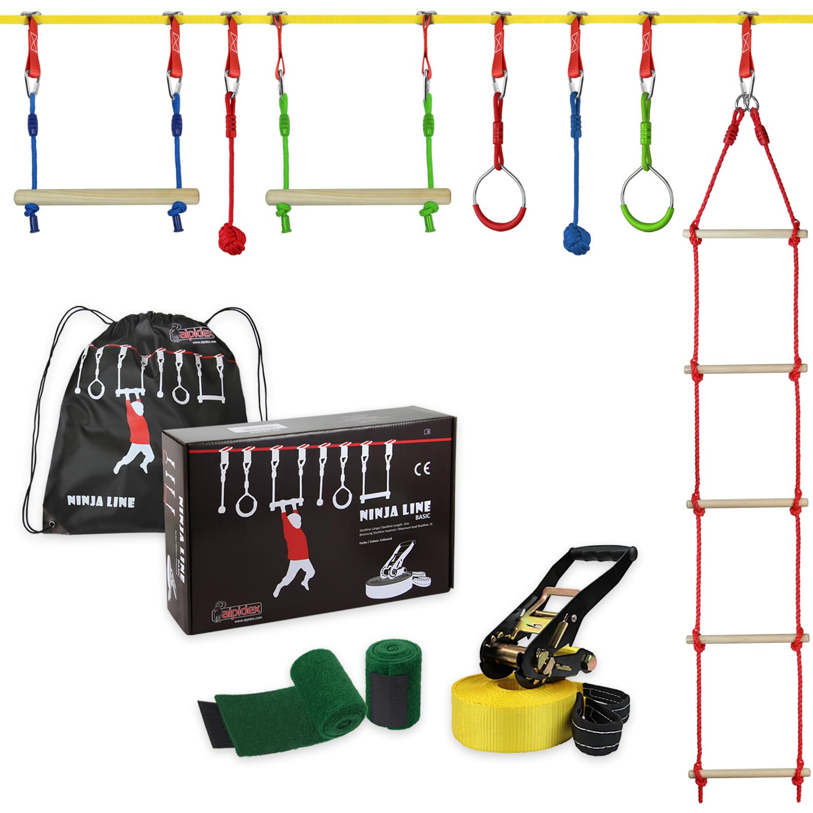 ALPIDEX Ninja Kids Slackline Obstacles Set Gymnastic Rings Rope Knots Swing Climbing Ladder Accessories Extendable Warrior Course, Stil:Fun