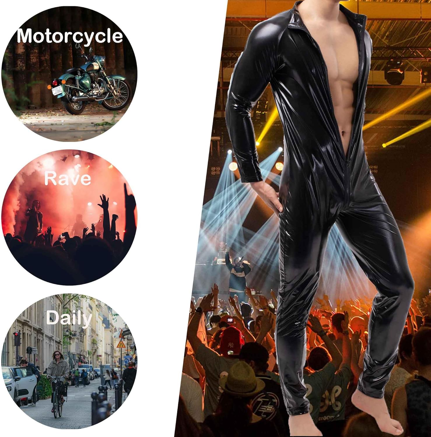 QiaTi Mens Latex Bodysuit Full Body Leotard Long Sleeves Unitard Faux Leather Bodysuit