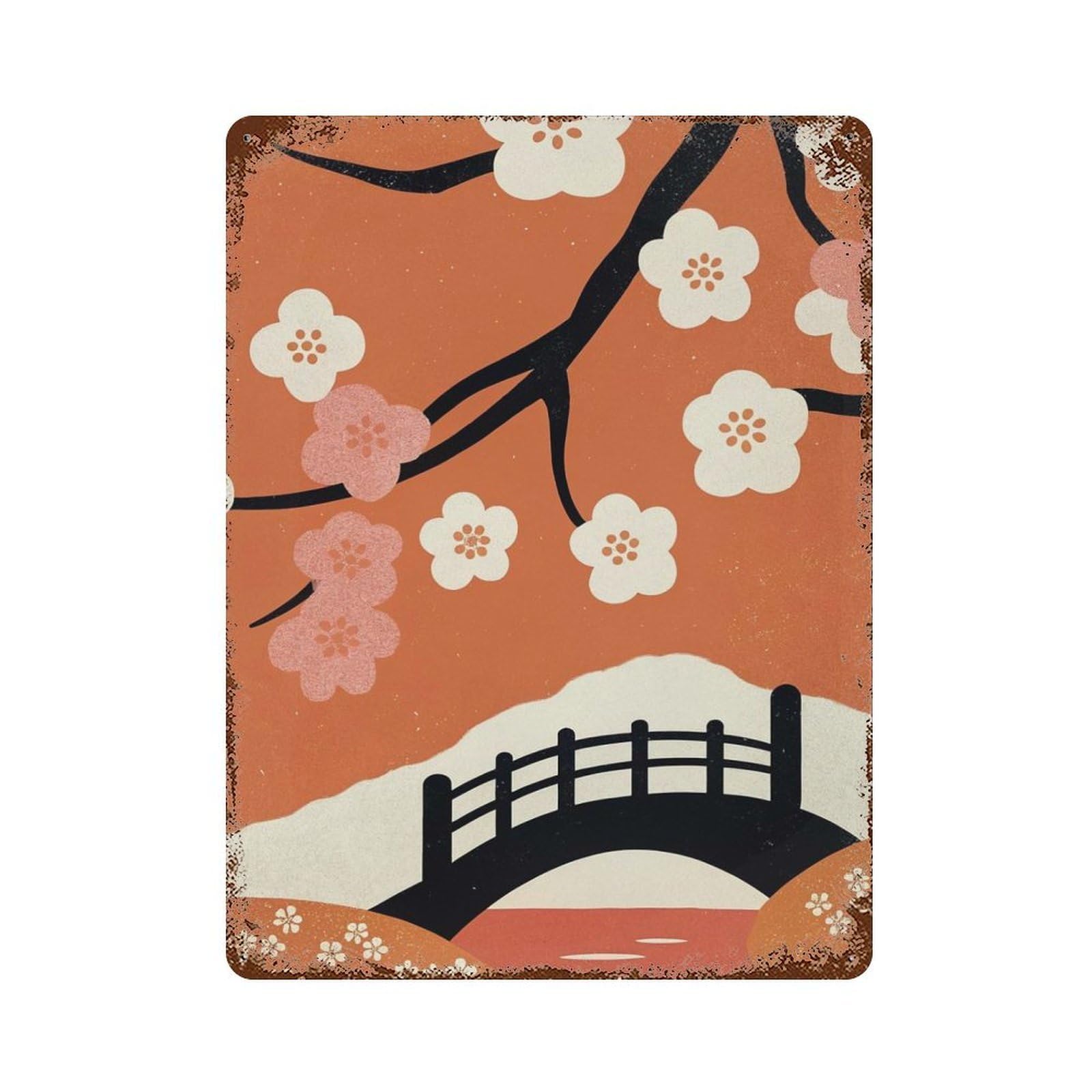 Aged Metal Wall Plaque with Cherry Blossom Bridge Design 15.7"x11.8", for Basement, Hobby Room And Garage Decor, Farmhouse Wall Decor