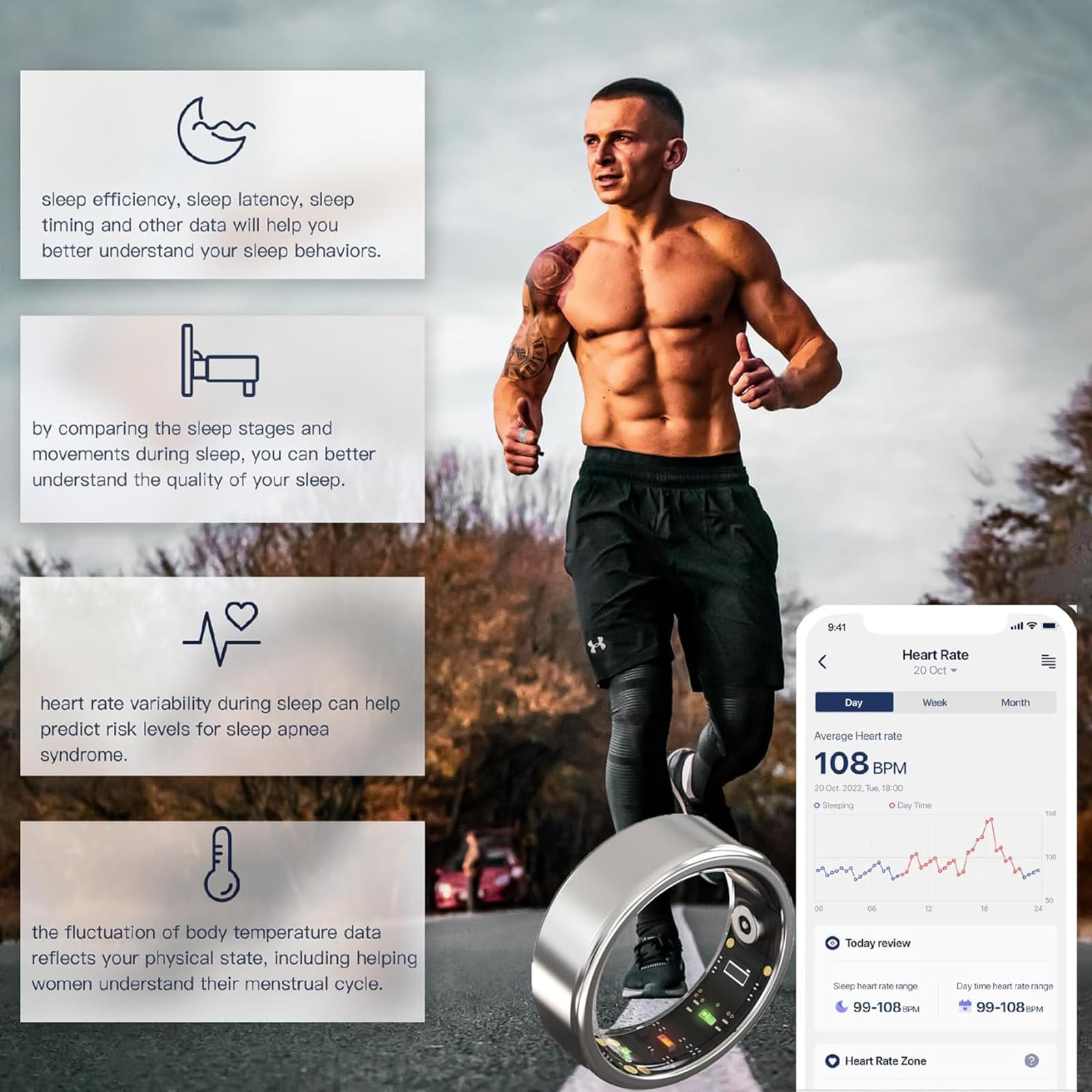 Smart Ring Health Tracker con Bluetooth 5.1, cardiofrequenzimetro, monitoraggio dell'ossigeno nel sangue, temperatura corporea, monitoraggio del sonno, compatibile con iOS e Android