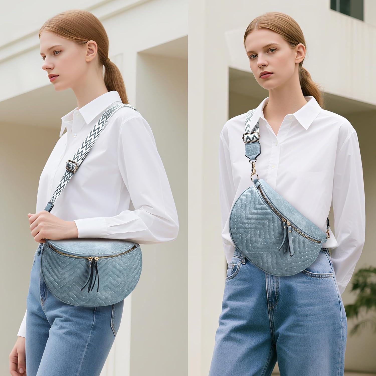 Women's Vegan Leather Crossbody Waist Pack, Fanny Pack Sling Bag with Adjustable Belt, Boho Style Shoulder Purse for Travel, Daily Use (Blue) - Image 2