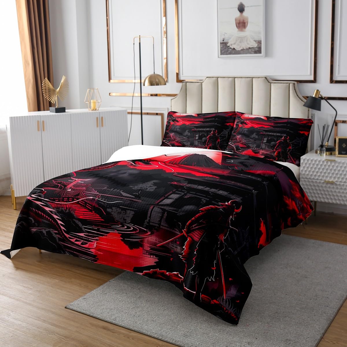 Homemissing Colcha de dragón para niños, tamaño King, color rojo, atardecer, juego de colcha acolchada Samurai, estilo japonés, Ukiyoe acolchado