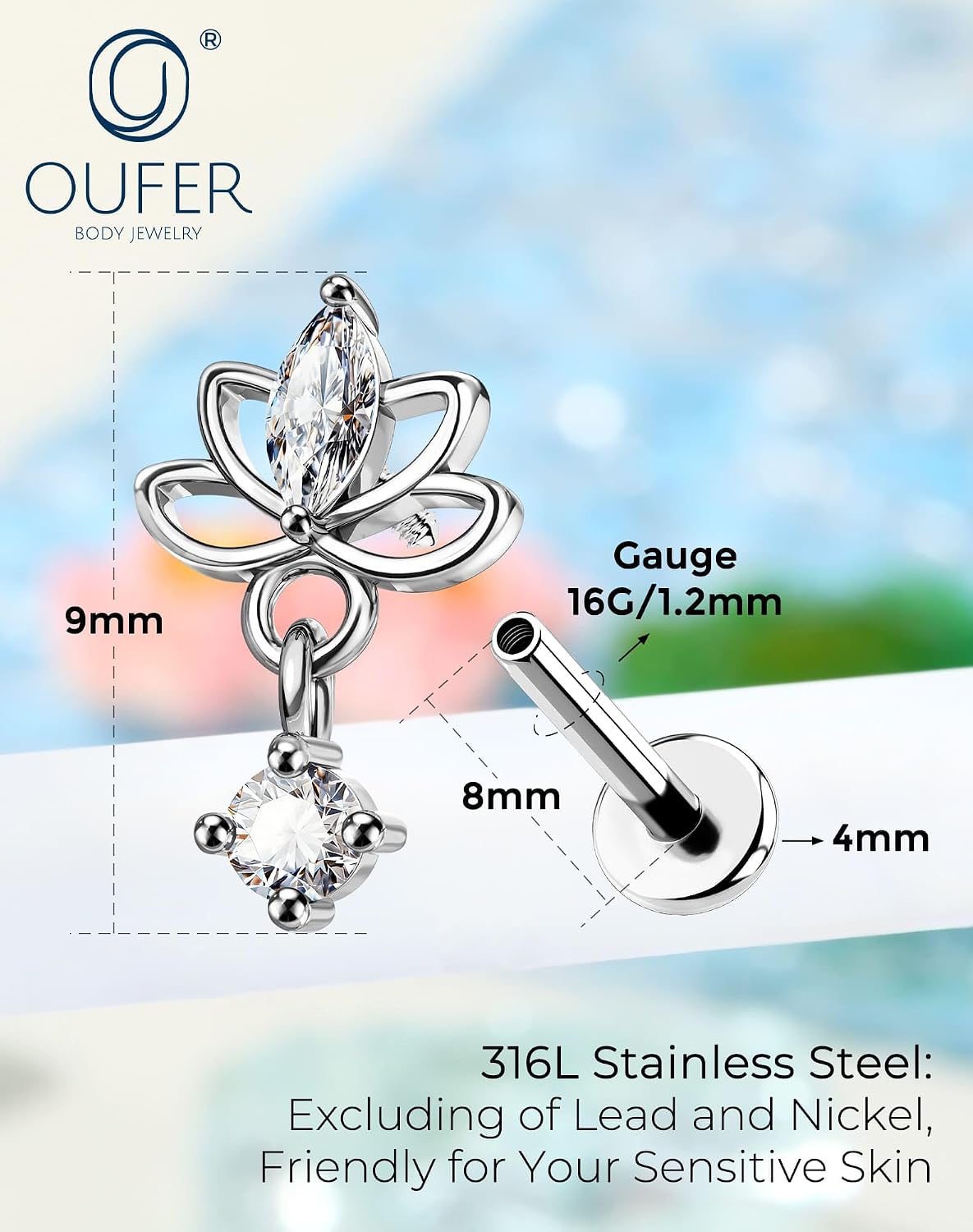 OUFER 16G Helix Piercing Jewelry 8mm Flat Back Lotus Earrings for women | Extended Internally Threaded, 316L Surgical Steel, Hypoallergenic, Daily Wear for Helix Tragus Conch & Labret Piercings