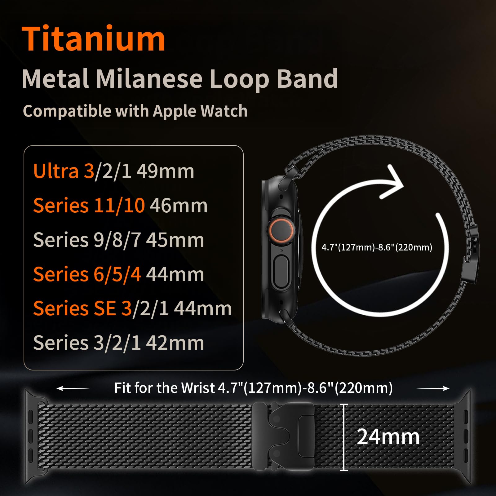 Milanaise Loop bransoletka kompatybilna z Apple Watch Ultra 3/2/1, 49 mm, 46 mm, 45 mm, 44 mm, 42 mm (Series 3, 2, 1), dla mężczyzn i kobiet, zapięcie w stylu spadochronowym do iWatch 11, 10, 9, SE, 8