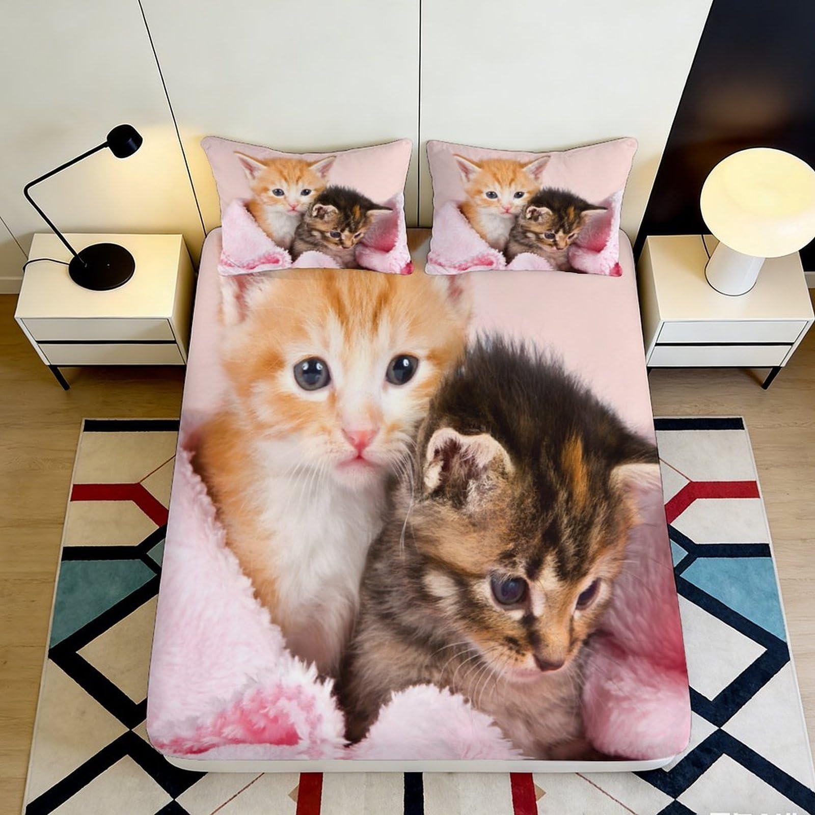 3D Printed Cute Orange Tabby Kitten Fitted Sheet Microfiber Soft Anti-slip Pink Blanket Cat Mattress Cover Bedroom 120x200x25cm