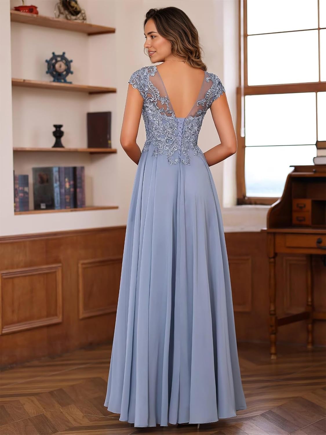 Lace Applique Chiffon Mother of Bride Dresses - Short Sleeve Pleated Long Mother of The Groom Dress