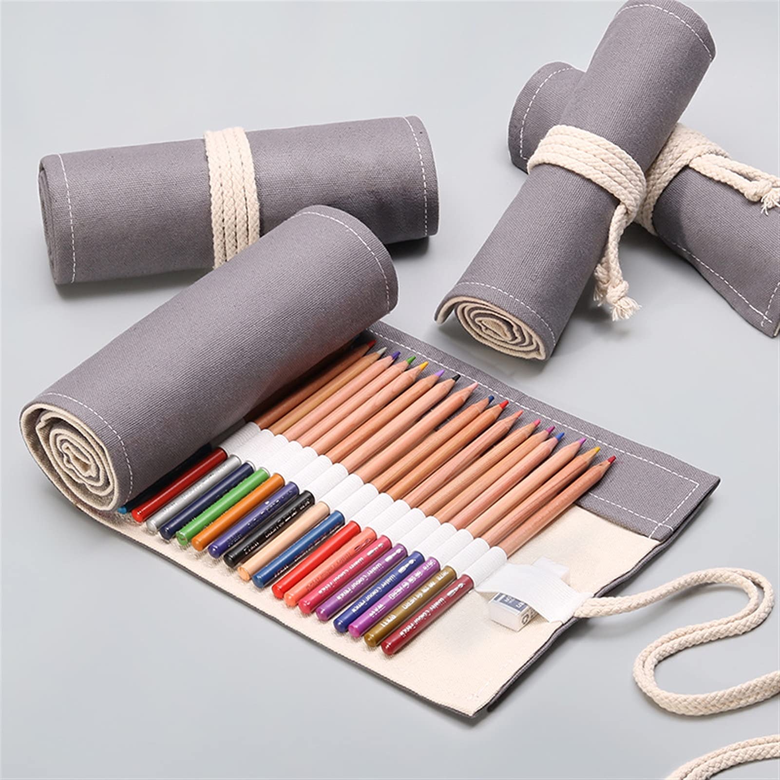 Federmäppchen Handgemachte graue Leinwandkunst Stift Vorhang 12 24 36 48 72 Loch Große Kapazität Bleistift Hülle Farbe Bleistift Skizze Schreibwaren Tasche (Color : 24 Hole)