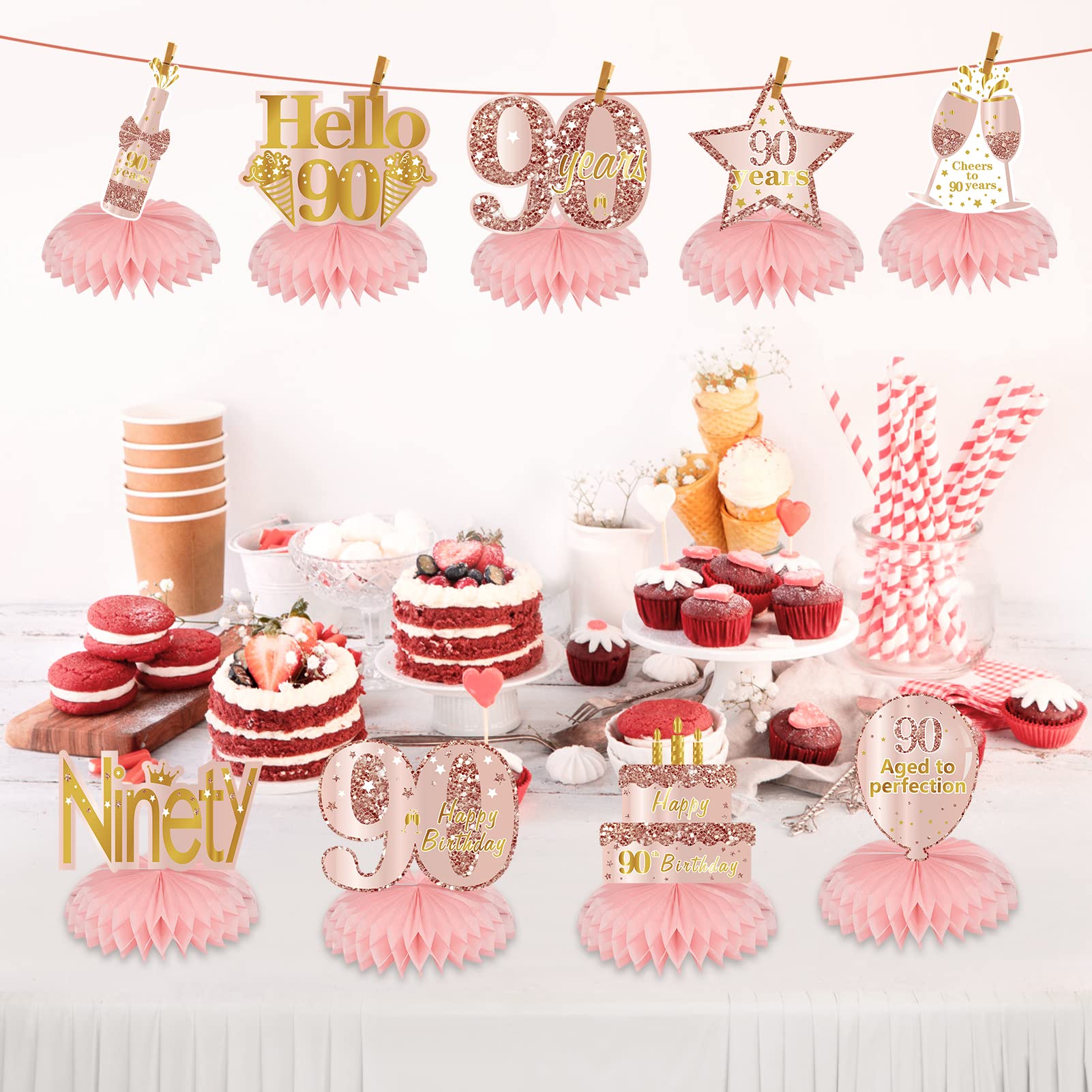 Decorazioni Tavola 70° Compleanno Oro Rosa - 10 Pezzi Nido D'ape Centrotavola E Topper Torta 'Cheers To Happy Seventy Years' - 5