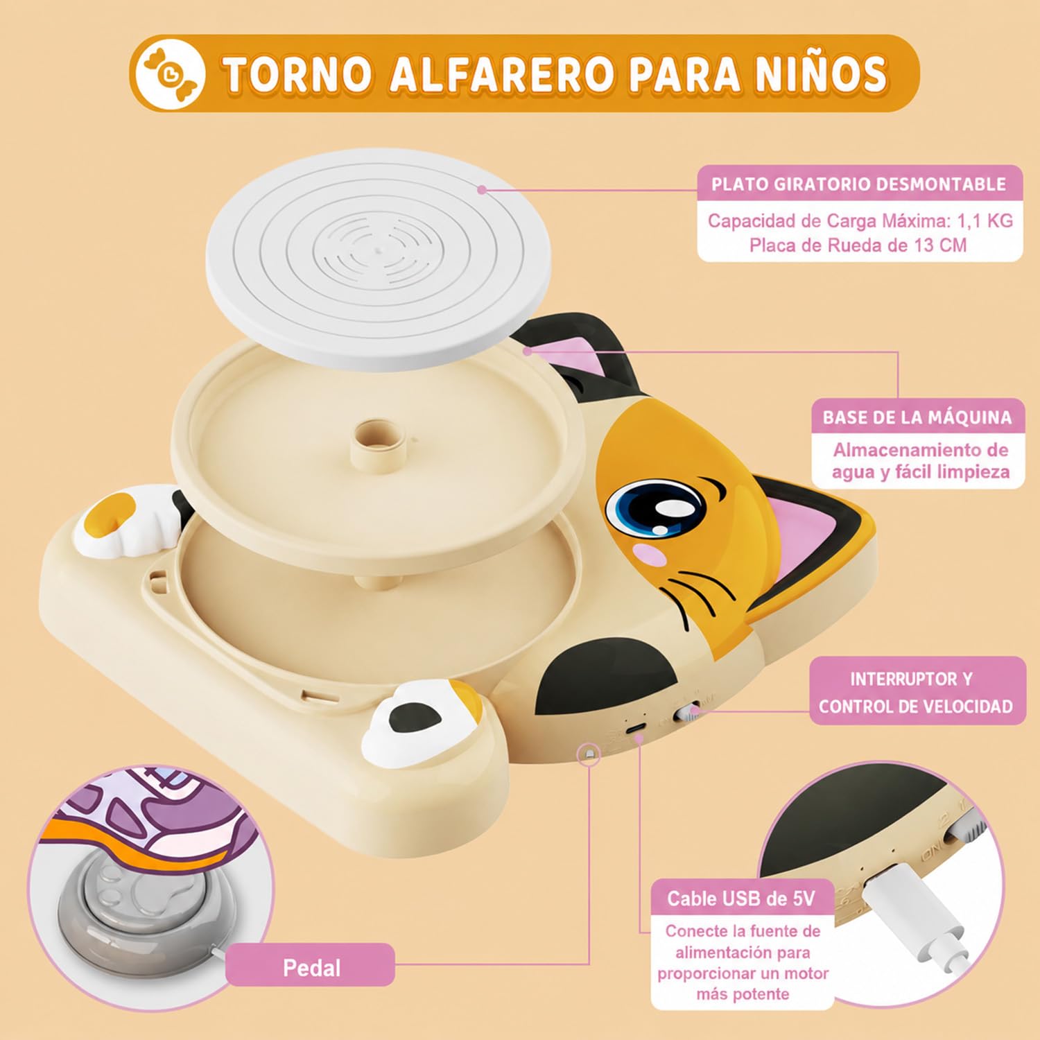 Torno Alfarero para Niños, Set Completo de Torno Ceramica para Principiantes, Kit Manualidades Creativo 6+ Años con 3 x Arcilla de Secado al Aire, Pottery Kit, Regalo para Niños y Niñas (Motivo Gato)