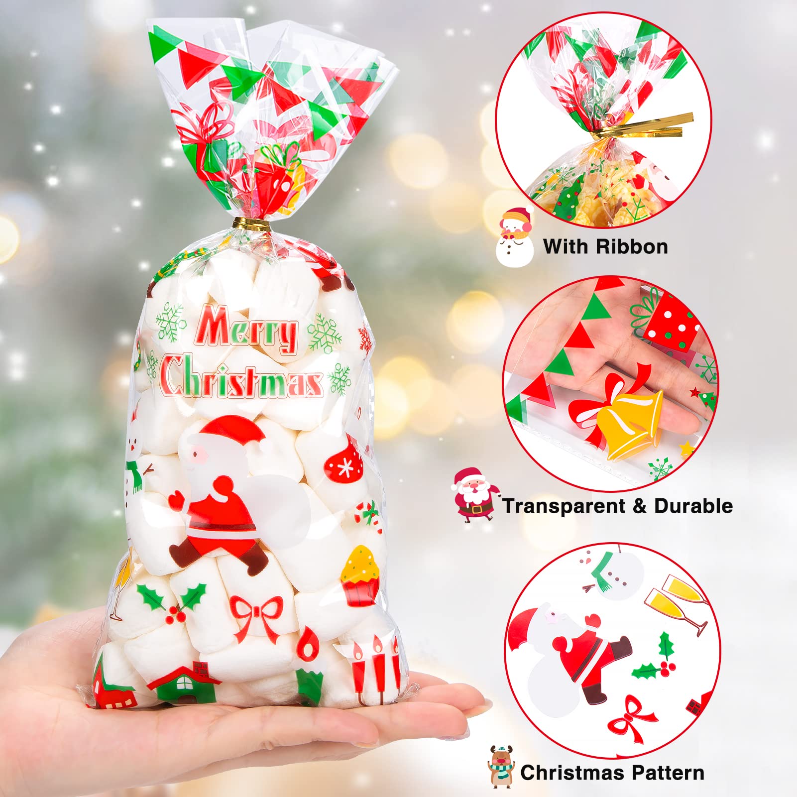 100 Pezzi Sacchetti Caramelle Natalizi Trasparenti In Cellophane Con Laccetti Oro | 27x13 Cm