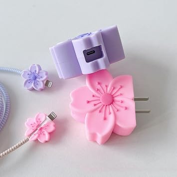 iPhone充電器プロテクター用フラワーケーブルプロテクター かわいい桜 桃の花 ベゴニアデザイン、ソフトシリコンデータケーブルコードセーバーフォンiPad充電器カバー iPhone 11 12 13 14 15 16 Pro Max-ピンク
