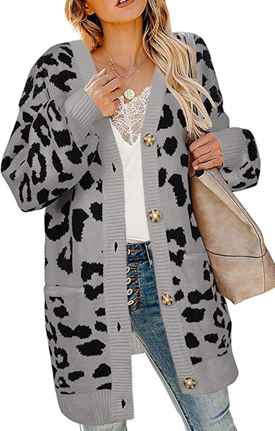 Women Winter Knit Sweater Cardigan Coat Casual Leopard Pullover Outwear