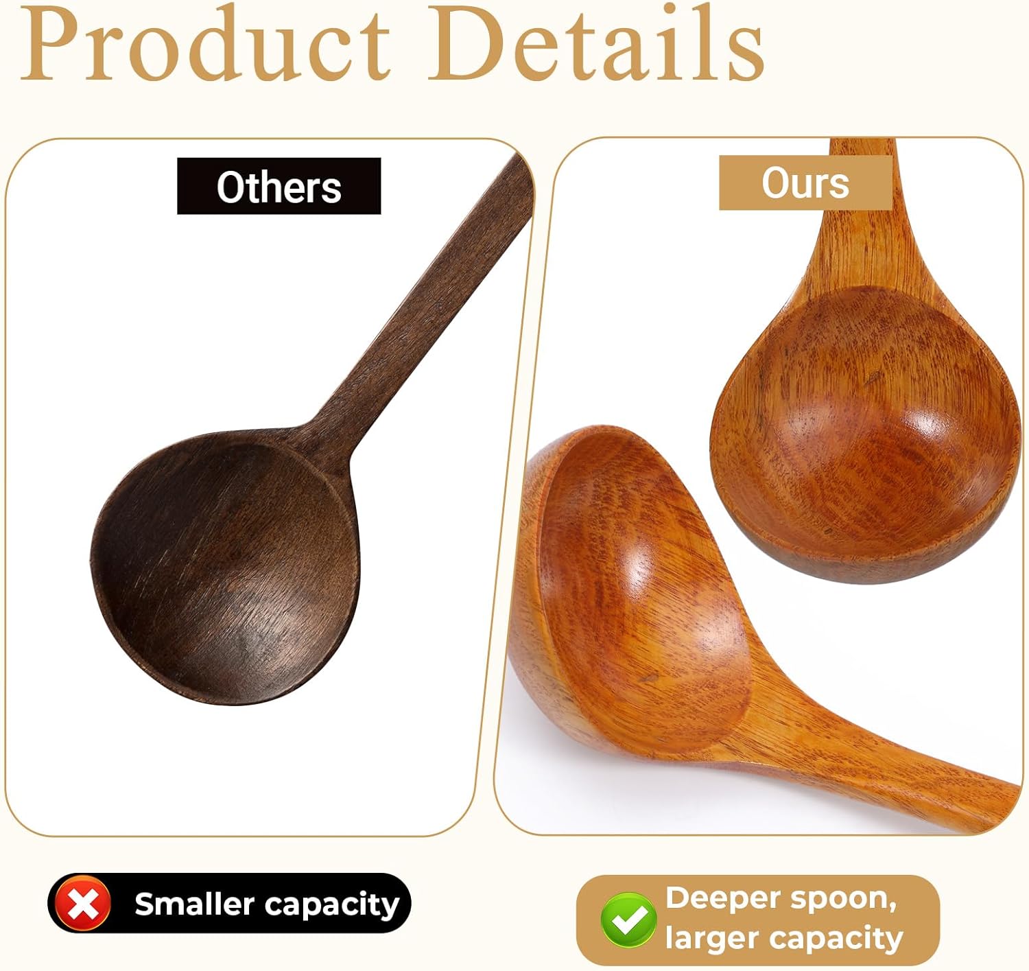 Wooden Ladle, 11" Long Handle Soup Ladle Spoon 3 fl oz Extra Large Kitchen Wooden Scoop Deep Teak Wood Spoon Utensil for Cooking Serving Cookware, Sustainable Natural Texture (Bigger and Deeper) - Image 5