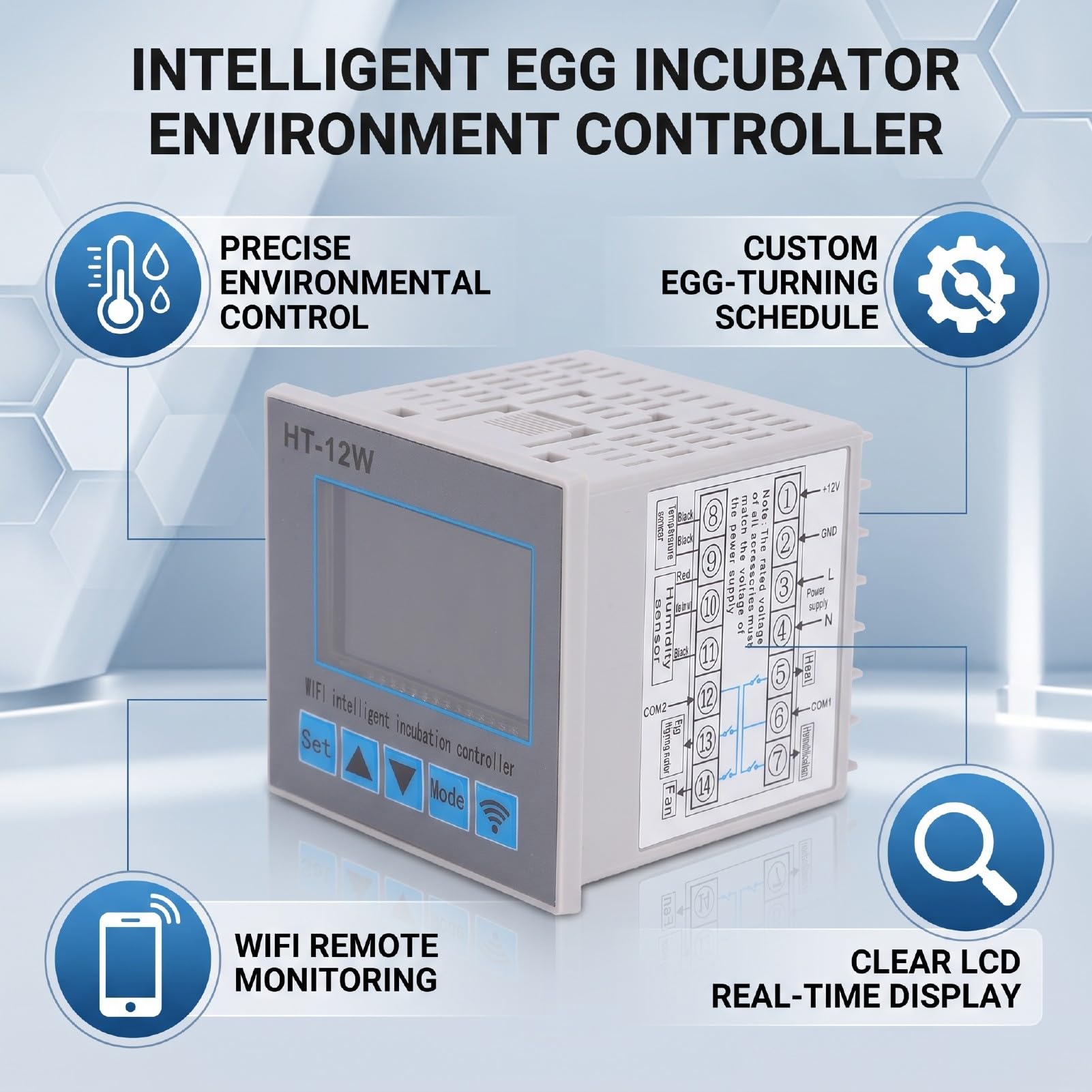 Fdit Regolatore di Temperatura per Incubatrice per Uova, Igrometro LCD WiFi | Controllo remoto tramite smartphone tramite WiFi, precisione della temperatura di ±0,1℃, uscita a 4 , 999 record di