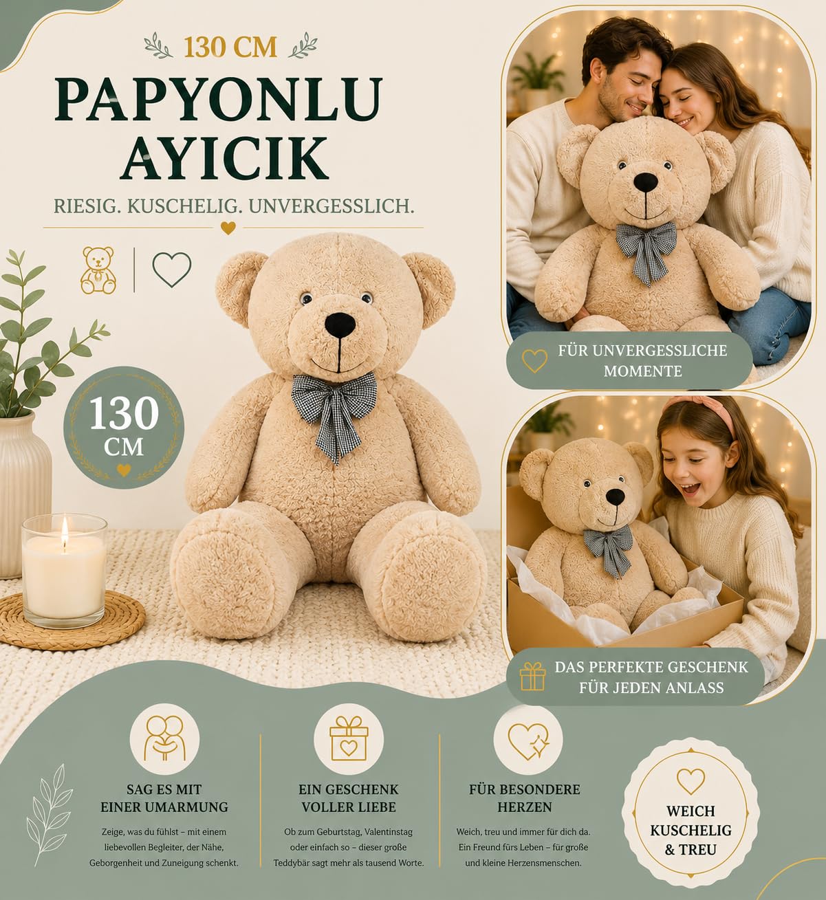 XXL Riesen Teddybär 130 cm – Großes Plüschtier Kuscheltier Weich mit Schleife – Imposantes Geschenk für Freundin, Kinder & Geburtstag (Taupe)