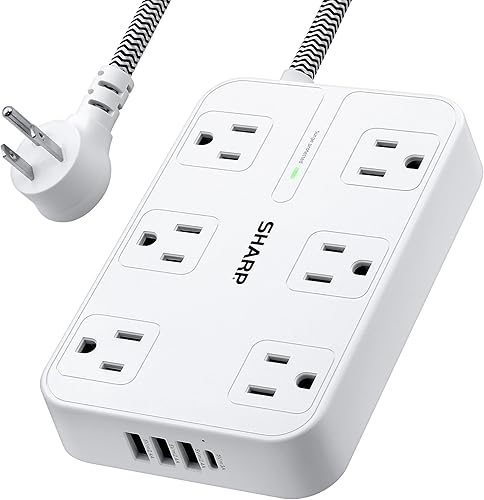 SHARP Regleta protectora contra sobretensiones, 6 tomas de corriente ampliamente espaciadas con 4 puertos USB de carga rápida (3 USB-A y 1 USB tipo