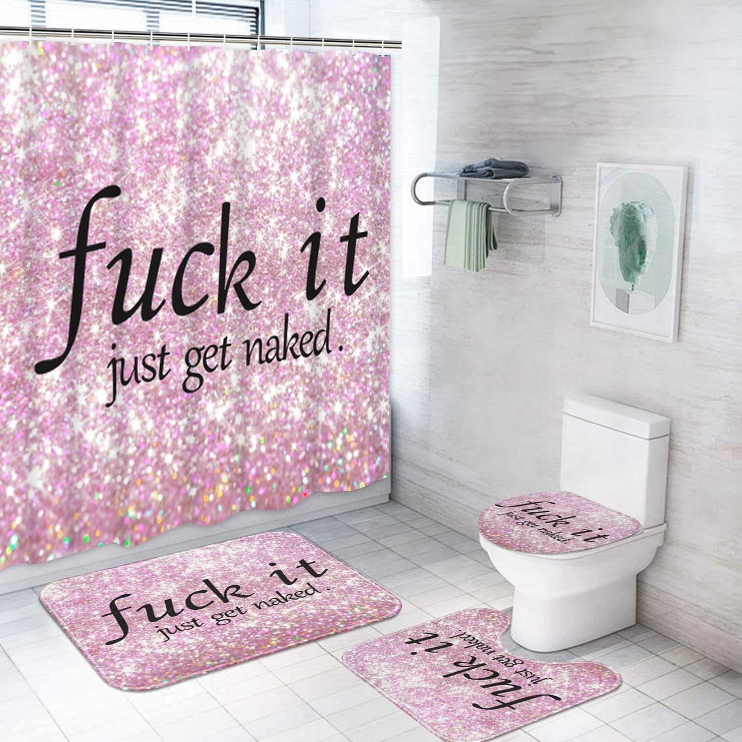 Rideau de douche rose ArtSocket avec tapis de bain antidérapant et 12 crochets