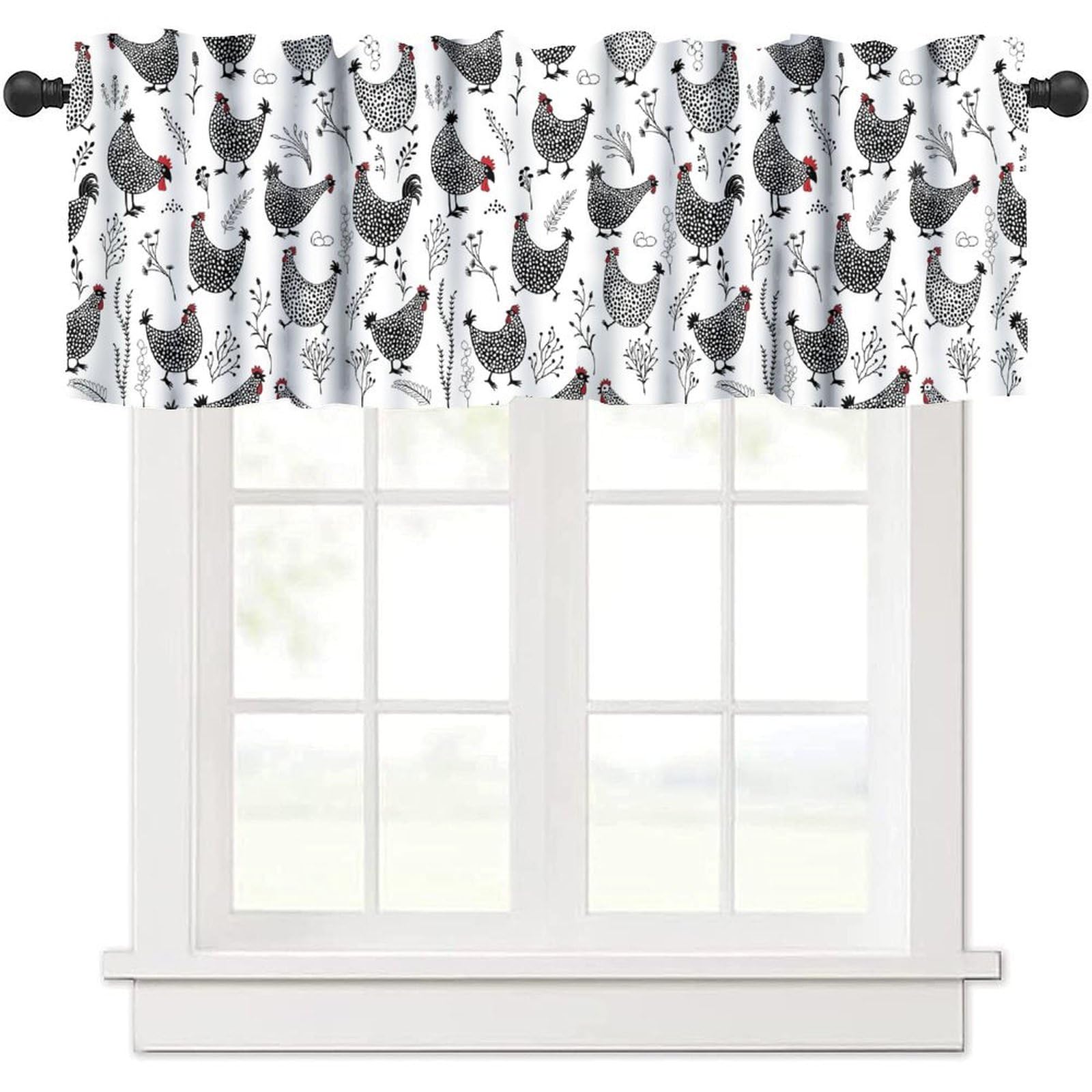 PHTAYOT Farmhouse Chicken Valances Set for Kitchen, Rustic Animal Farm Chicken Rooster Country Black White Home Decor Rod Pocket Window Drapes for