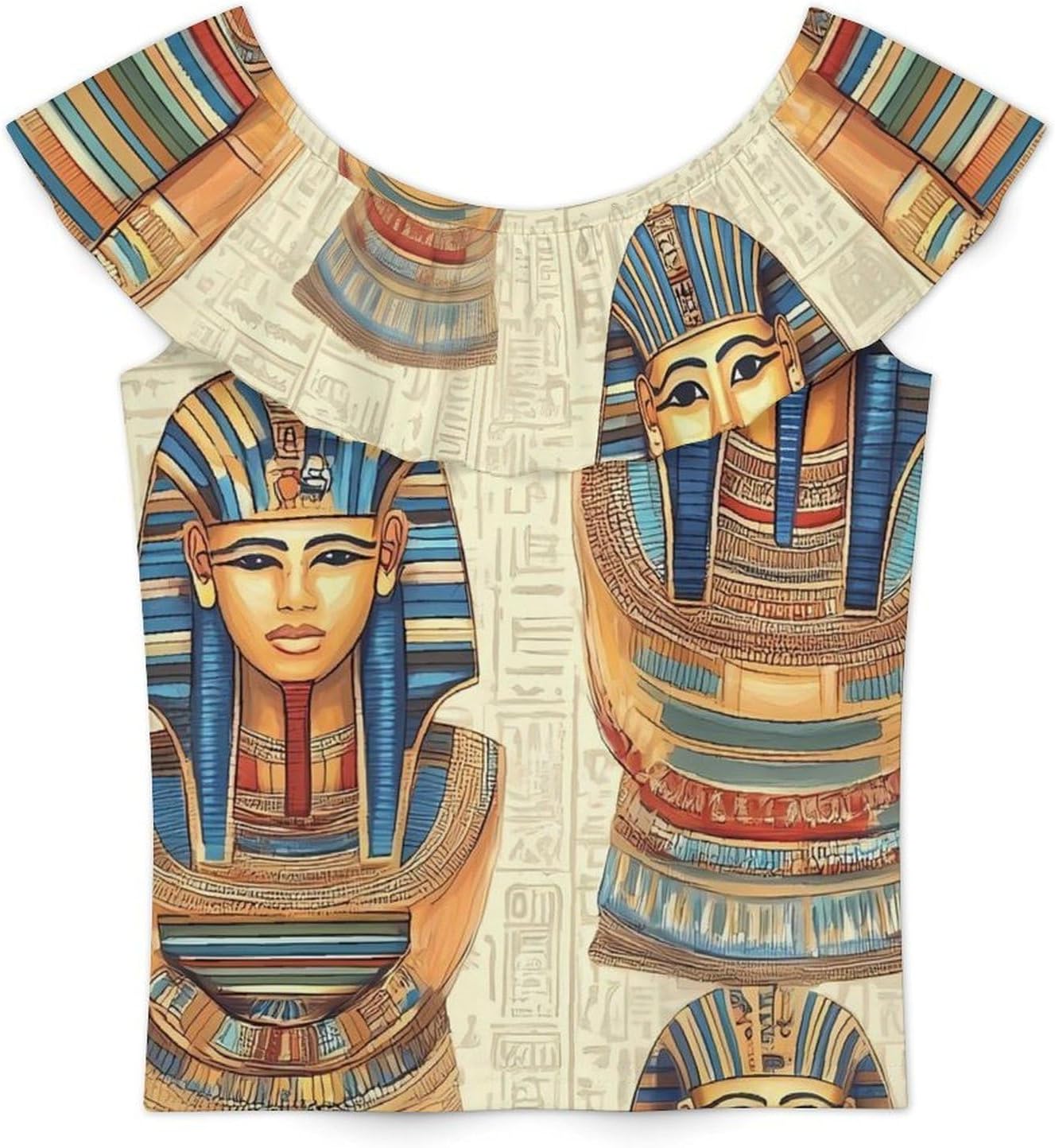 Vintage Ancient Egyptian Pharaoh Statue Girls T-Shirts Top Ruffle Short Sleeve Blouse Casual Graphic Tees