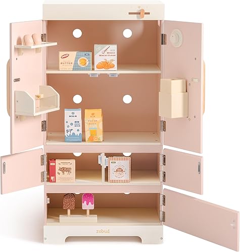 Miniatura 3 de ROBUD Refrigerador de madera para jugar, juego de refrigerador de juguete de cocina con máquina de hielo, refrigerador de cocina para jugar, juego