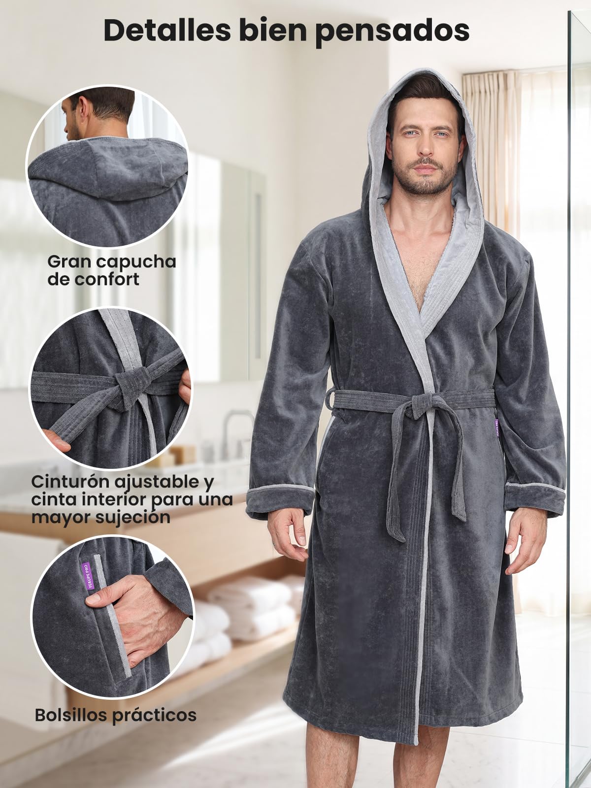 YEAUPE PRO Albornoz Hombre Ducha con Capucha, 100% Algodón, OEKO-TEX®