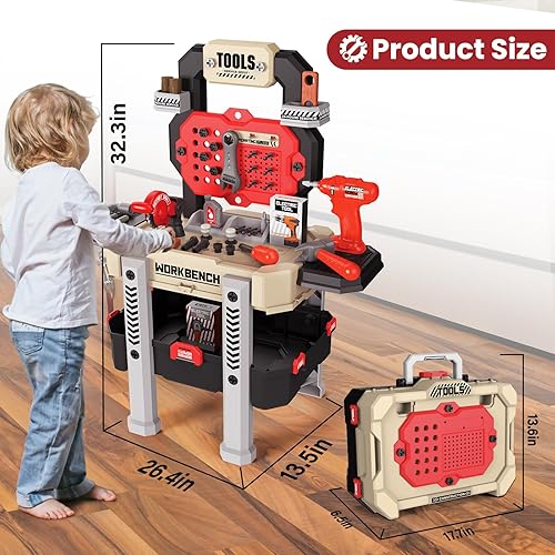 Miniatura 6 de Banco de herramientas para niños, banco de trabajo para niños pequeños con taladro eléctrico y 78 herramientas de juguete realistas, banco de