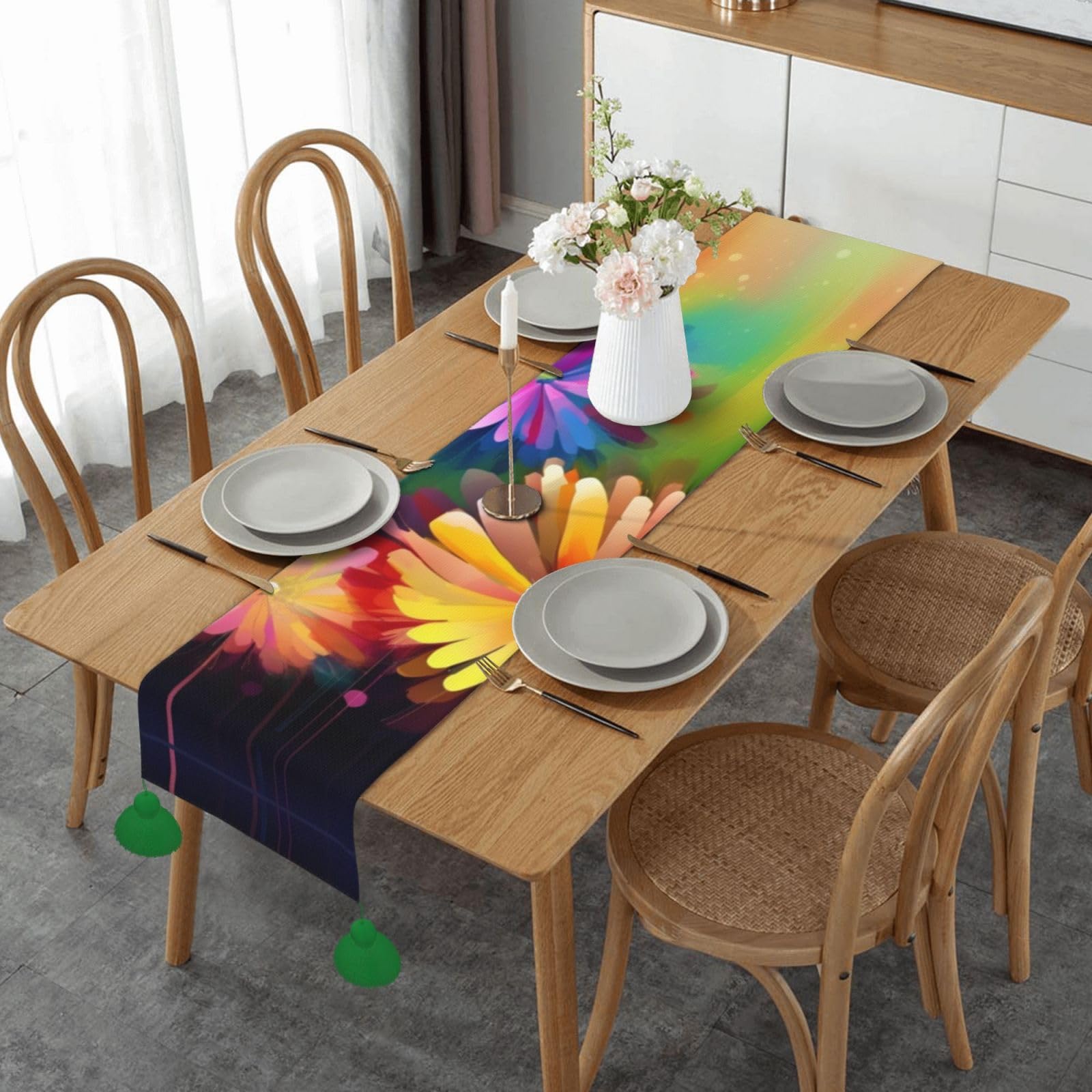Chemin de table rustique à pompons imprimé fleurs colorées 35x152 cm