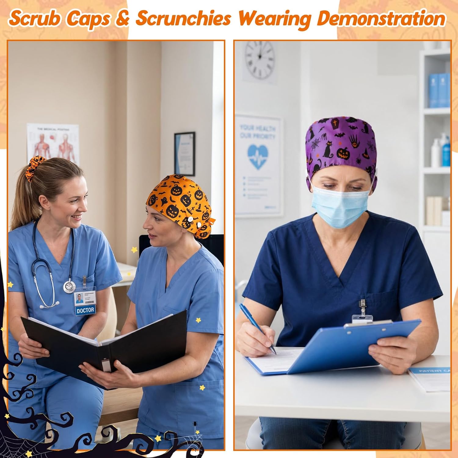 6 Pcs Satin Lined Scrub Caps Women Holiday Halloween Nurse Surgical Hats
